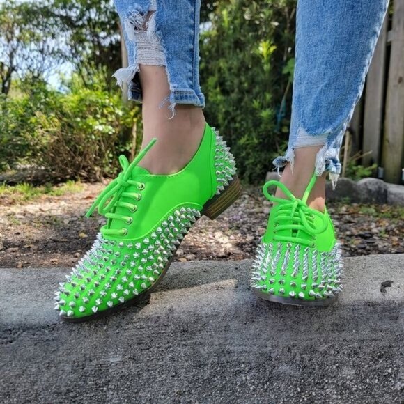 Women's Neon Green Silver Studded Lace Up Flat Oxford Shoes - Picture 2 of 5